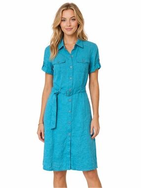 Neiman Marcus Exclusive Turquoise Linen Utility Dress Old Money Quiet Luxury